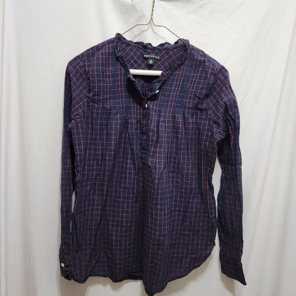 J.Crew Mercantile Red Blue Plaid Pleated Half Button Long Sleeve Top Size 00